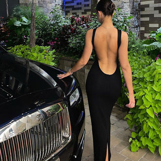 sexy backless round neck sleeveless split dress