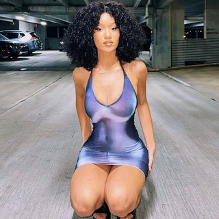 Blue Gradient U collar lace up slim hip dress