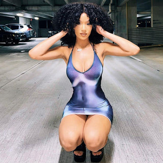 Blue Gradient U collar lace up slim hip dress