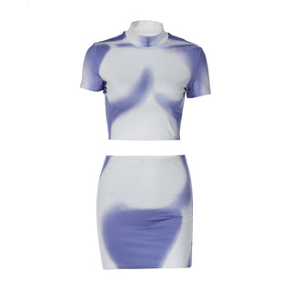 Gradient short sleeved top + slim short skirt set