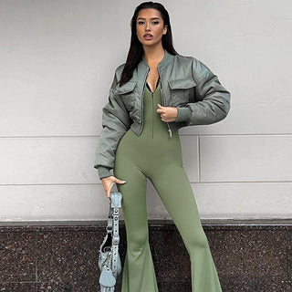 Solid Zip Up V-Neck Jumpsuit