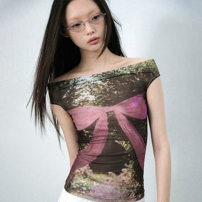 Bow print  gauze sleeveless top