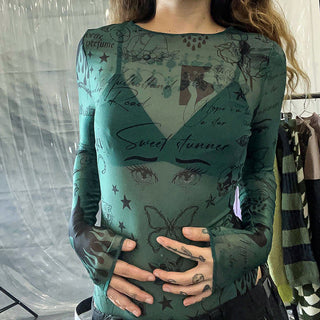 retro print mesh Top