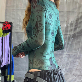 retro print mesh Top