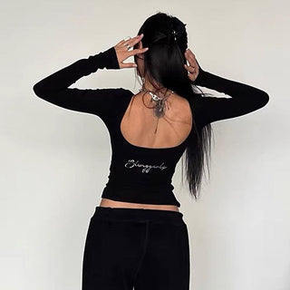 low neck letter black top
