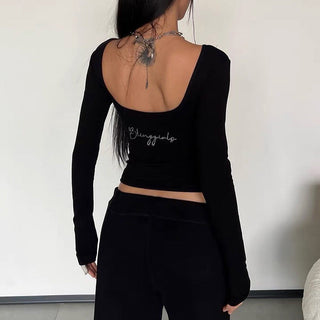 low neck letter black top