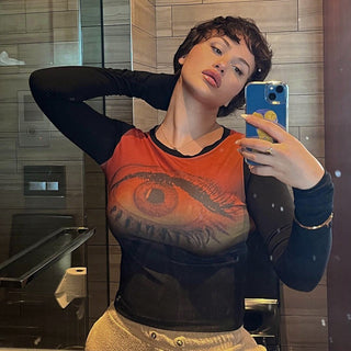 round neck long sleeved printing navel casual top