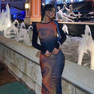 round neck long sleeved printing navel casual top