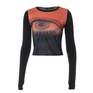 round neck long sleeved printing navel casual top