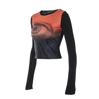 round neck long sleeved printing navel casual top