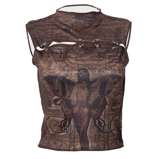 sleeveless printed hollow exposed top