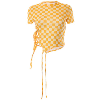 Irregular yellow plaid side belt top
