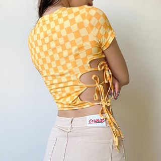 Irregular yellow plaid side belt top