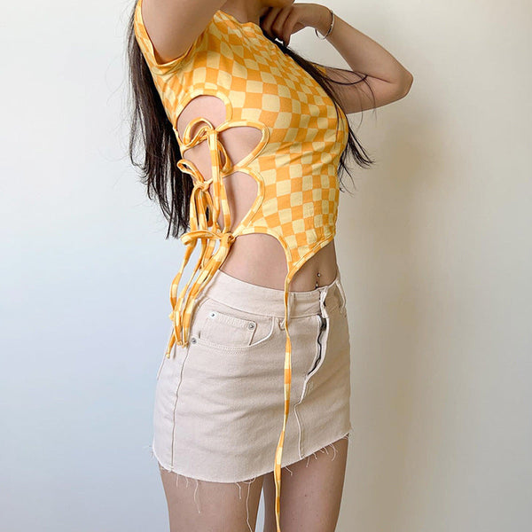 Irregular yellow plaid side belt top