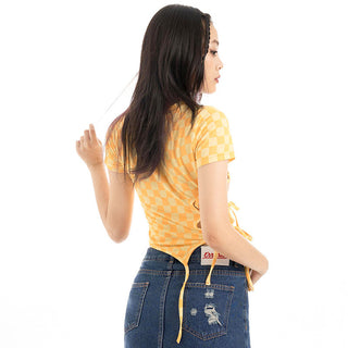 Irregular yellow plaid side belt top