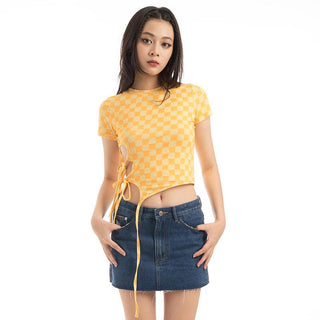 Irregular yellow plaid side belt top