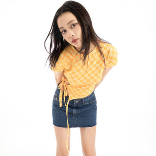 Irregular yellow plaid side belt top