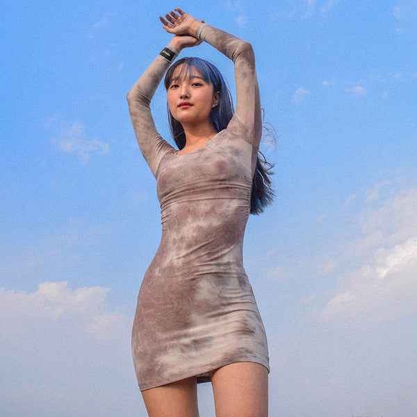 Tie dyeing seal collar long sleeved dress slim