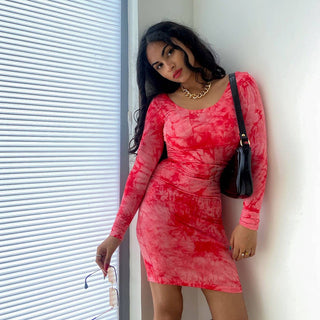 Tie dyeing seal collar long sleeved dress slim
