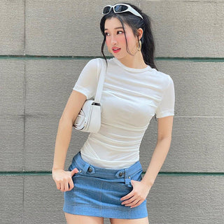 sweet pure color round neck top