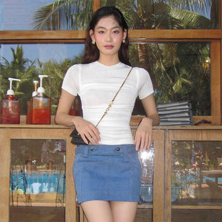 sweet pure color round neck top