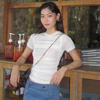 sweet pure color round neck top