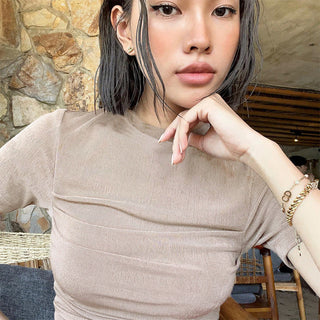 sweet pure color round neck top