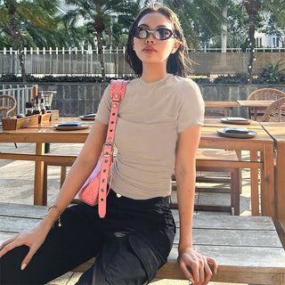 sweet pure color round neck top