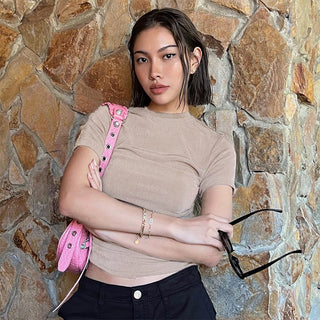 sweet pure color round neck top