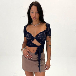 lace strap black square neck top