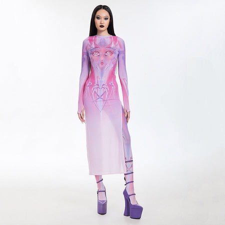 Animation Printed Mesh Crew Neck Maxi Dress