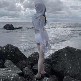 solid hooded long sleeved + short skirt suits