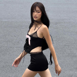 lace pink bow + short skirt Set