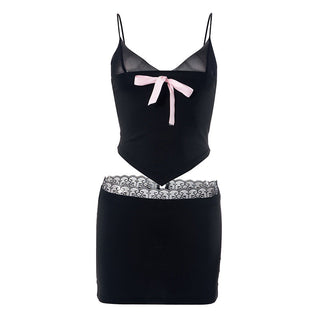 lace pink bow + short skirt Set