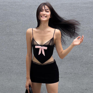 lace pink bow + short skirt Set