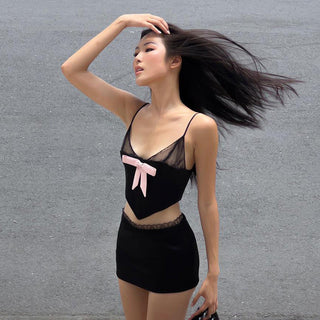 lace pink bow + short skirt Set