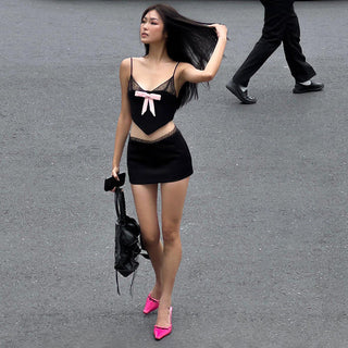 lace pink bow + short skirt Set