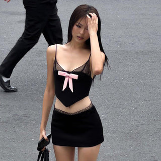 lace pink bow + short skirt Set