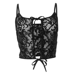 Lace up see through lace backless cami top