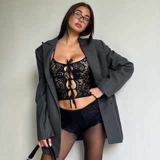 Lace up see through lace backless cami top