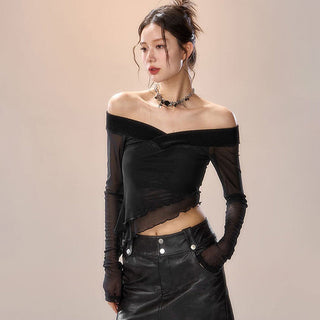 irregular collar long sleeve mesh stitch top