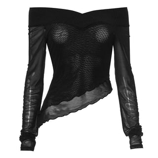 irregular collar long sleeve mesh stitch top