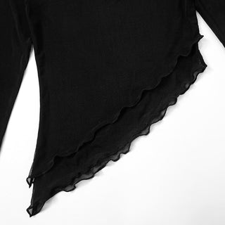 irregular collar long sleeve mesh stitch top