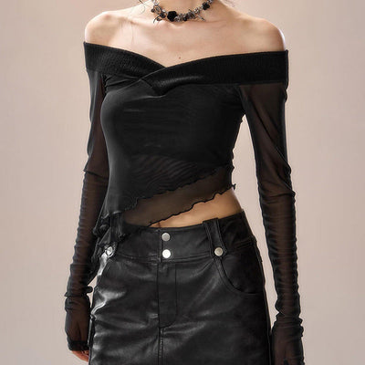 irregular collar long sleeve mesh stitch top