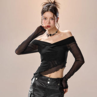 irregular collar long sleeve mesh stitch top