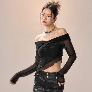 irregular collar long sleeve mesh stitch top