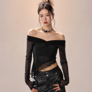 irregular collar long sleeve mesh stitch top