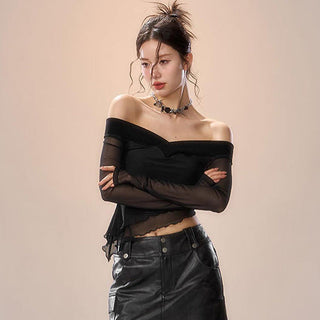 irregular collar long sleeve mesh stitch top