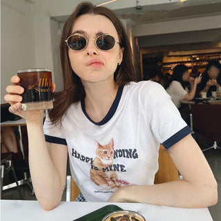 round necked short-sleeved cat top