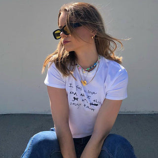 letters print round short sleeved top